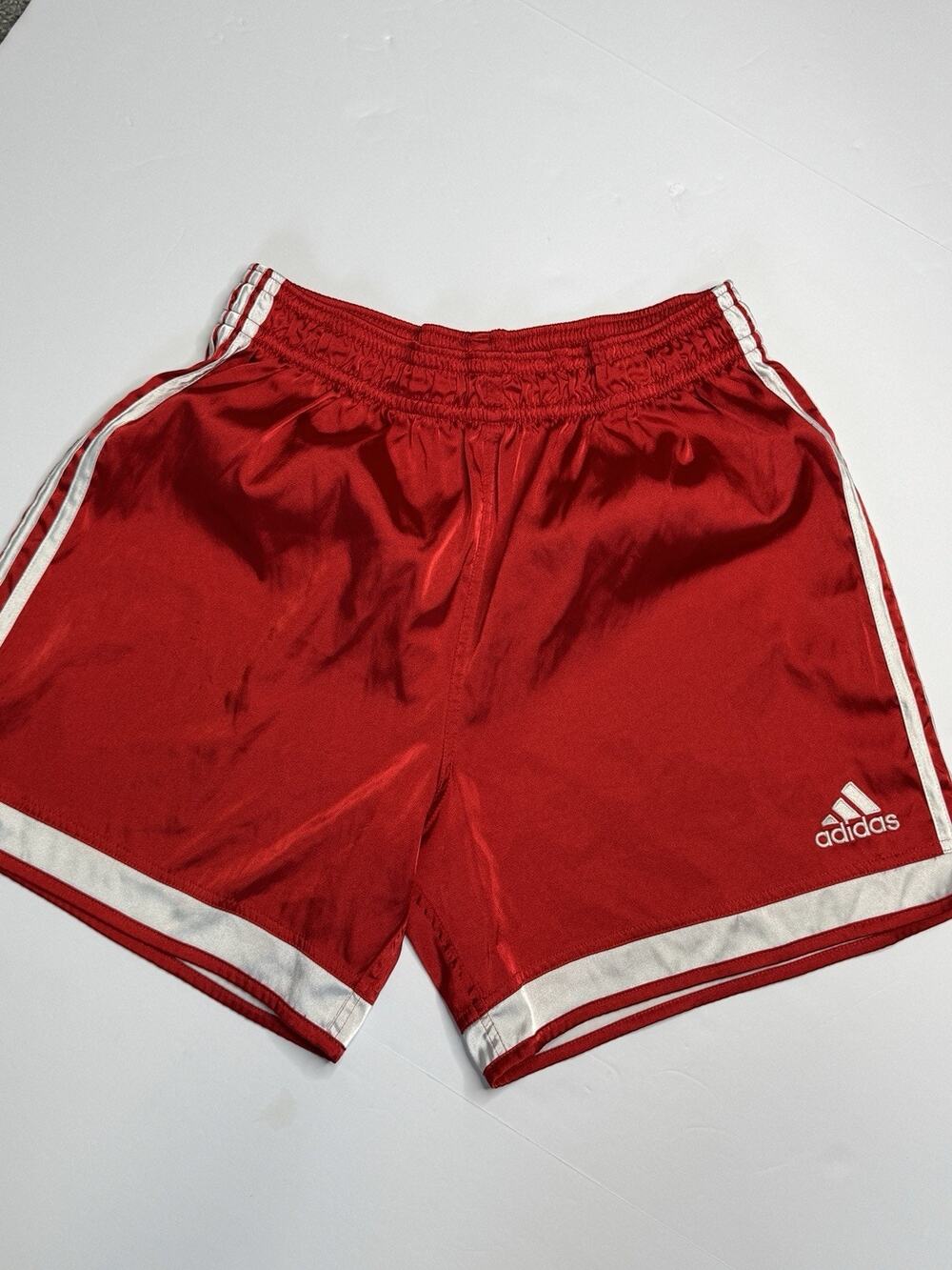 Vintage Y2K Adidas Soccer Shorts Mens L Red White 3 Stripe Shiny